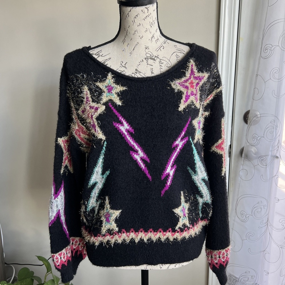 Anthropologie Pilcro Sparkle Star Pullover Sweater Women XS Oversized Wool Blend